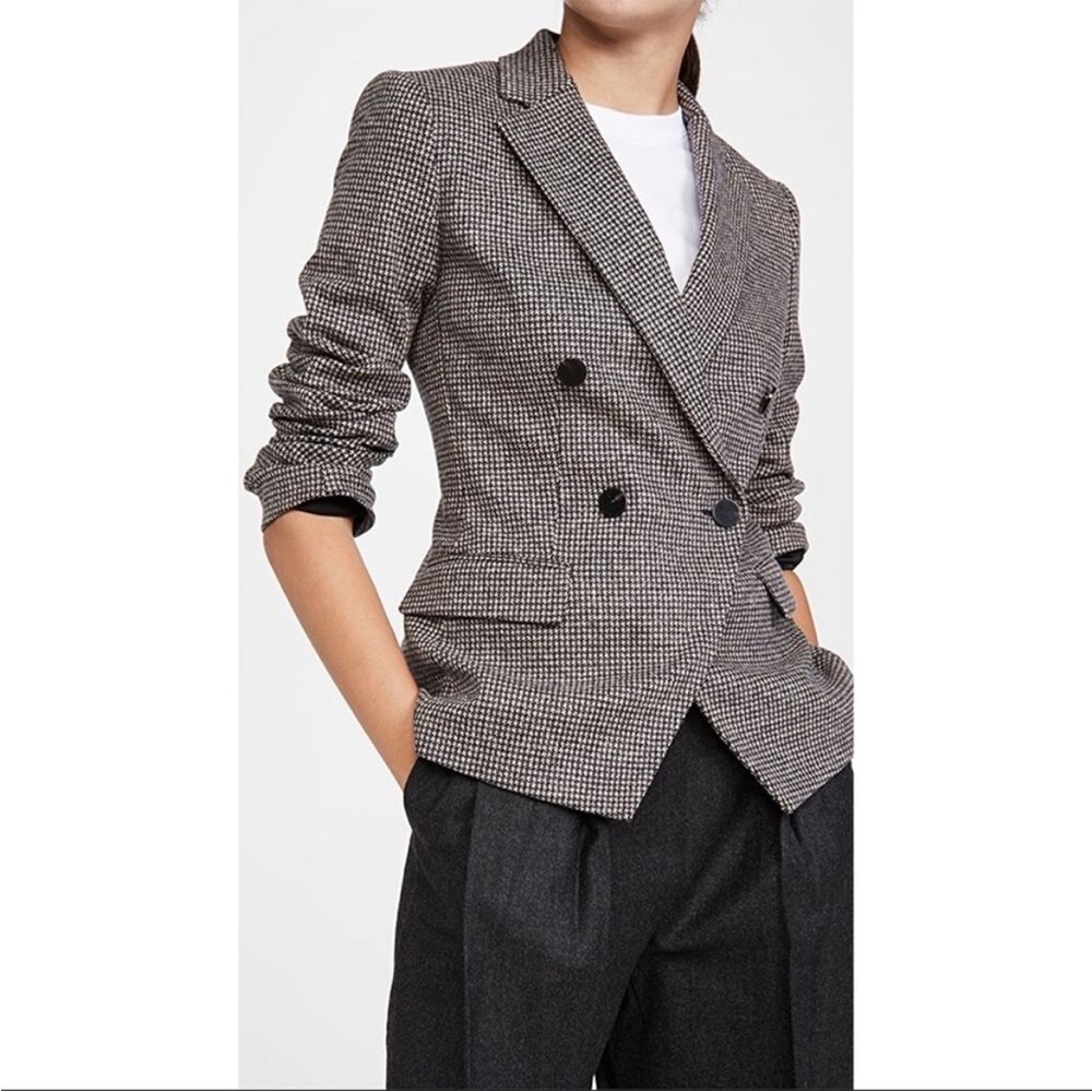 Theory Black and White Houndstooth Double-Breasted Blazer
